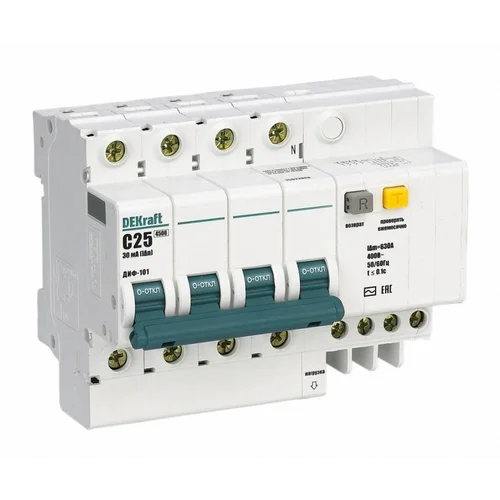 Выключатель автоматический дифференциального тока 4п C 25А 30мА тип AC 4.5кА ДИФ-101 6.5мод DEKraft