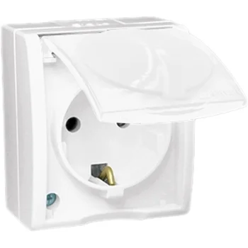 Розетка 1-м ОП Simon15 16А IP54 250В с заземл. Schuko защ. шторки с крышкой винт. клеммы бел. Simon