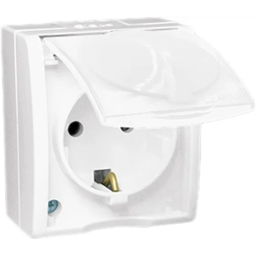 Розетка 1-м ОП Simon15 16А IP54 250В с заземл. Schuko защ. шторки с крышкой винт. клеммы бел. Simon
