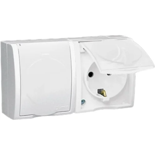 Розетка 2-м ОП Simon15 16А IP54 250В с заземл. Schuko защ. шторки с крышкой винт. клеммы бел. Simon
