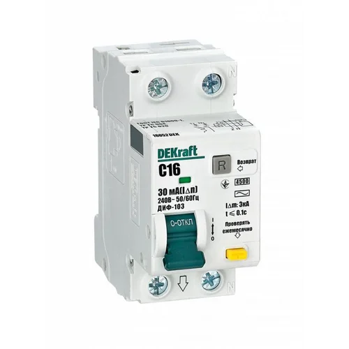 Выключатель автоматический дифференциального тока 2п (1P+N) C 16А 30мА тип AC 4.5кА ДИФ-103 DEKraft