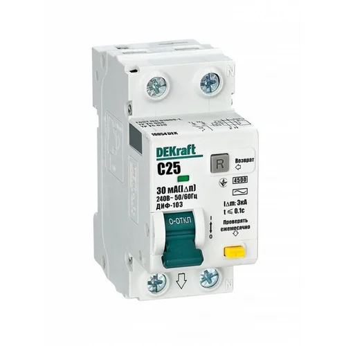 Выключатель автоматический дифференциального тока 2п (1P+N) C 25А 30мА тип AC 4.5кА ДИФ-103 DEKraft
