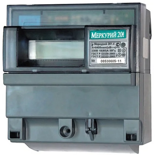 Счетчик "Меркурий" 201.4 1ф 10-80А 1 класс точн. 1 тариф.; имп. вых. ЖКИ DIN-рейка