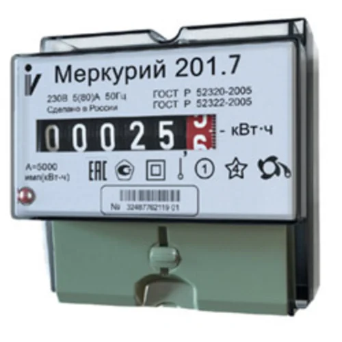 Счетчик "Меркурий" 201.7 1ф 5-60А 1 класс точн. 1 тариф. имп. вых. мех. табло DIN-рейка