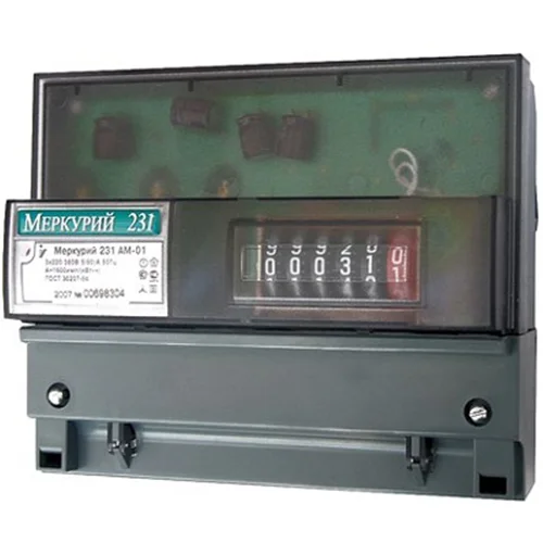 Счетчик "Меркурий" 231 АМ-01 3ф 5-60А 1 класс точн.; 1 тариф.; имп. вых. мех. креп. DIN-рейка
