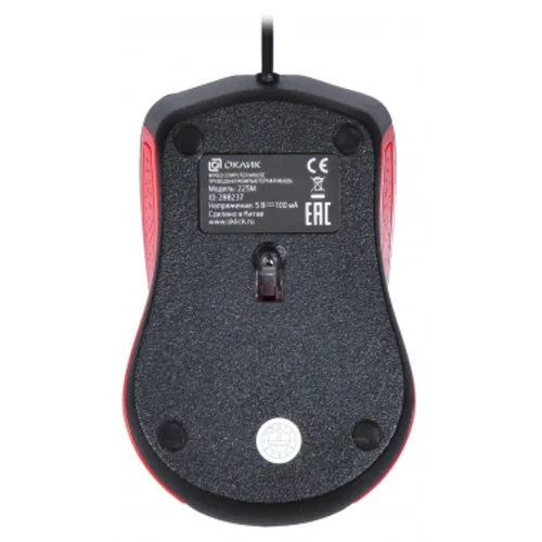 Мышь Оклик 225M черный/красный оптическая (1200dpi) USB для ноутбука (3but)