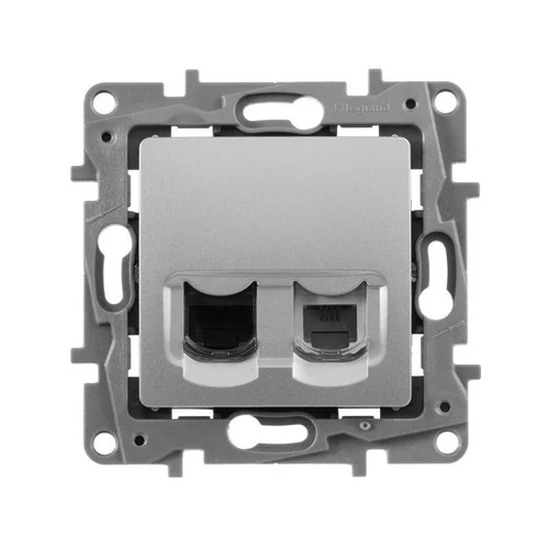 Розетка компьютерная + телефонная 2-м СП Etika RJ45 + RJ11 кат.5E UTP механизм алюм. Leg 672452