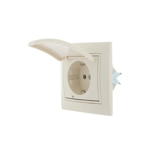 Розетка 1-м СП Mira 16А IP20 с заземл. с защ. крышкой со вставкой керамика крем. LEZARD 701-0303-123