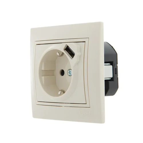 Розетка 1-м СП Mira 16А с заземл. + USB разъем крем. LEZARD 701-0303-181