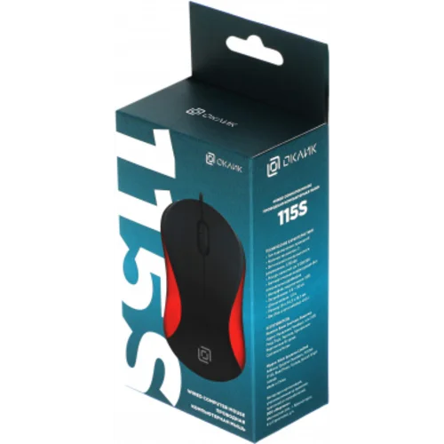 Мышь Оклик 115S черный/красный оптическая (1200dpi) USB для ноутбука (3but)