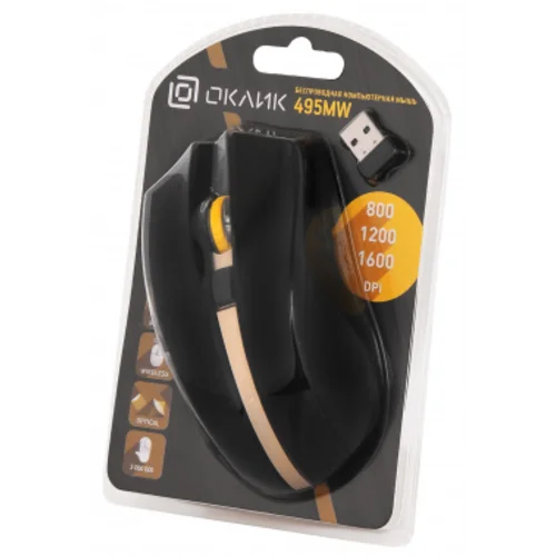 Мышь Оклик 495MW черный/золотистый оптическая (1600dpi) беспроводная USB для ноутбука (6but)