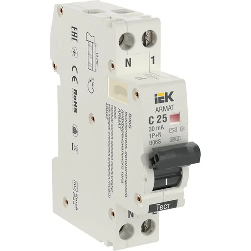 Выключатель автоматический дифференциального тока 2п (1P+N) C 25А 30мА тип AC АВДТ B06S 18мм ARMAT I