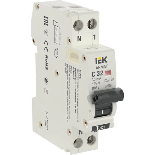 Выключатель автоматический дифференциального тока 2п (1P+N) C 32А 30мА тип A АВДТ B06S 18мм ARMAT IE