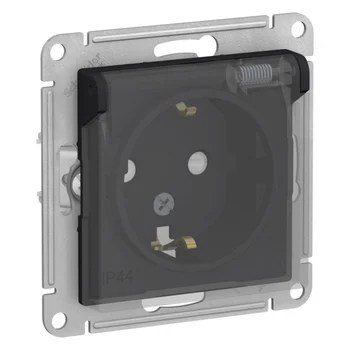 Розетка 1-м СП AtlasDesign Aqua 16А IP44 с заземл. защ. шторки с прозр. крышкой механизм карбон SE A