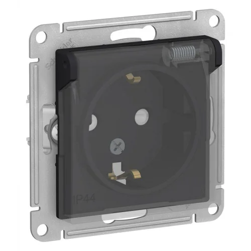 Розетка 1-м СП AtlasDesign Aqua 16А IP44 с заземл. защ. шторки с прозр. крышкой механизм карбон SE A