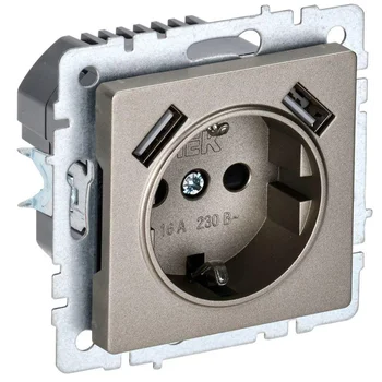 Розетка BRITE РЮш10-1-БрШ 16А с USB A+A 2.1А с заземл. защ. шторки шампань IEK BR-R14-16-U21-D21-K37