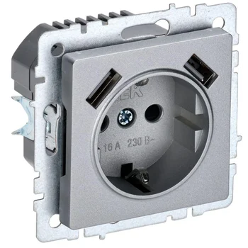 Розетка BRITE РЮш10-1-БрА 16А с USB A+A 2.1А с заземл. защ. шторки алюм. IEK BR-R14-16-U21-D21-K47