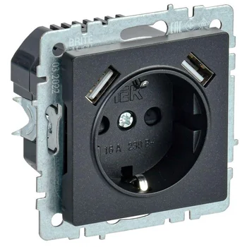 Розетка BRITE РЮш10-2-БрЧ 16А с USB A+A 3.1А с заземл. защ. шторки черн. IEK BR-R14-16-U21-D31-K02