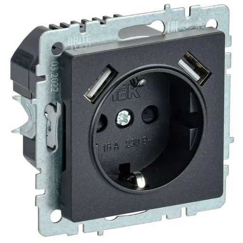 Розетка BRITE РЮш10-2-БрЧ 16А с USB A+A 3.1А с заземл. защ. шторки черн. IEK BR-R14-16-U21-D31-K02