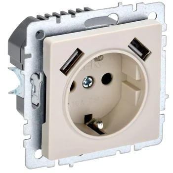 Розетка BRITE РЮш10-2-БрКр 16А с USB A+A 3.1А с заземл. защ. шторки беж. IEK BR-R14-16-U21-D31-K10