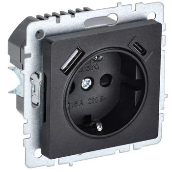 Розетка BRITE РЮш11-1-БрЧ 16А с USB A+C 18Вт с заземл. защ. шторки черн. IEK BR-R14-16-U22-018-K02