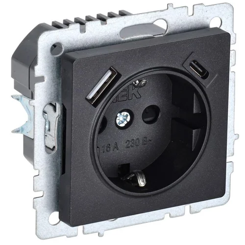 Розетка BRITE РЮш11-1-БрЧ 16А с USB A+C 18Вт с заземл. защ. шторки черн. IEK BR-R14-16-U22-018-K02