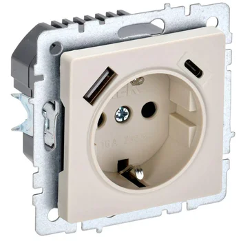 Розетка BRITE РЮш11-1-БрКр 16А с USB A+C 18Вт с заземл. защ. шторки беж. IEK BR-R14-16-U22-018-K10