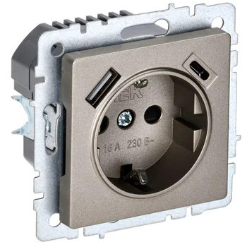 Розетка BRITE РЮш11-1-БрШ 16А с USB A+C 18Вт с заземл. защ. шторки шампань IEK BR-R14-16-U22-018-K37