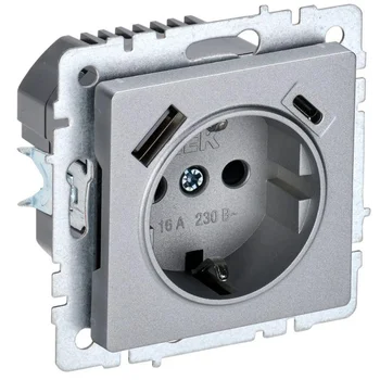 Розетка BRITE РЮш11-1-БрА 16А с USB A+C 18Вт с заземл. защ. шторки алюм. IEK BR-R14-16-U22-018-K47