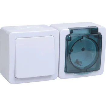 Блок ОП выключатель 1-кл. и розетка с заземл. контактом и крышкой для открытой установки бел. клавиш