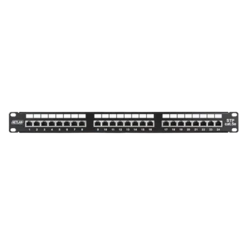 Коммутационная панель NETLAN 19", 1U, 24 порта, Кат.5e (Класс D), 100МГц, RJ45/8P8C, 110/KRONE, T568A/B, экранированная, черная