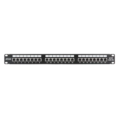 Коммутационная панель NETLAN 19", 1U, 24 порта, Кат.5e (Класс D), 100МГц, RJ45/8P8C, 110/KRONE, T568A/B, экранированная, черная