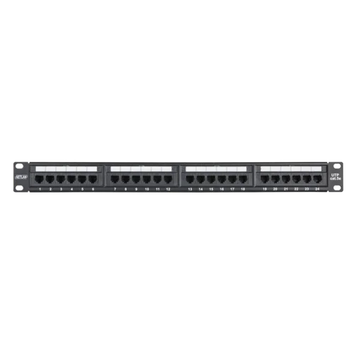 Коммутационная панель NETLAN 19", 1U, 24 порта, Кат.5e (Класс D), 100МГц, RJ45/8P8C, 110/KRONE, T568A/B, неэкранированная, черная