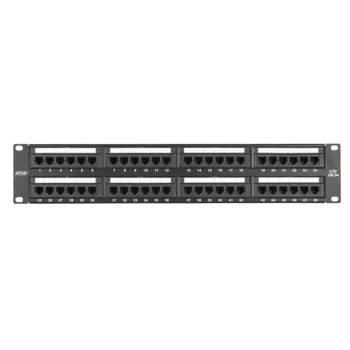 Коммутационная панель NETLAN 19", 2U, 48 портов, Кат.5e (Класс D), 100МГц, RJ45/8P8C, 110/KRONE, T568A/B, неэкранированная, черная