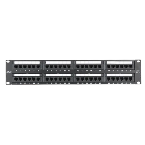 Коммутационная панель NETLAN 19", 2U, 48 портов, Кат.5e (Класс D), 100МГц, RJ45/8P8C, 110/KRONE, T568A/B, неэкранированная, черная