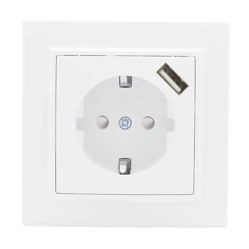 Розетка 1-м СП Минск 16А IP20 с заземл. защ. шторки с заряд. устройством USB 1А бел. EKF ERR16-028-1