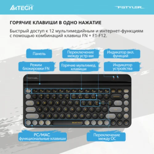 Клавиатура A4Tech Fstyler FBK30 черный/серый USB беспроводная BT/Radio slim Multimedia (FBK30 BLACKCURRANT)