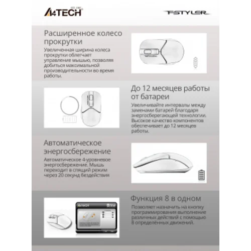 Мышь A4Tech Fstyler FG12 Panda белый/черный оптическая (1200dpi) беспроводная USB (3but)