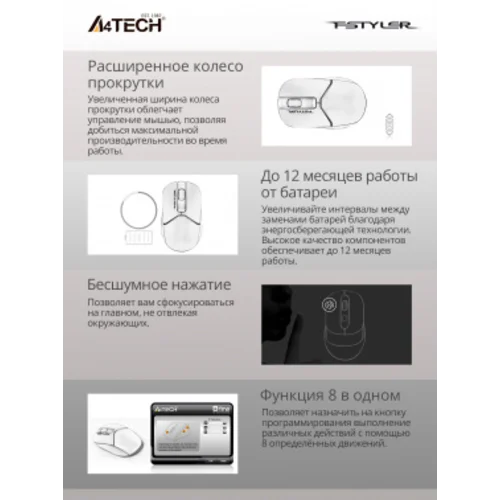 Мышь A4Tech Fstyler FG12S Panda белый/черный оптическая (1200dpi) silent беспроводная USB (3but)
