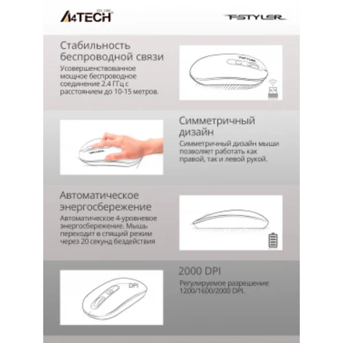 Мышь A4Tech Fstyler FG20 розовый оптическая (2000dpi) беспроводная USB для ноутбука (4but)