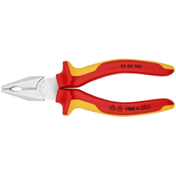 Плоскогубцы комб. VDE, рез: провол. ср. d 3.1 мм, твёрд. d 2 мм, кабель d 10 мм (16 мм²), L-160 мм, хром, 2-к ручки KN-0306160
