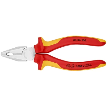 Плоскогубцы комб. VDE, рез: провол. ср. d 3.1 мм, твёрд. d 2 мм, кабель d 10 мм (16 мм²), L-160 мм, хром, 2-к ручки KN-0306160