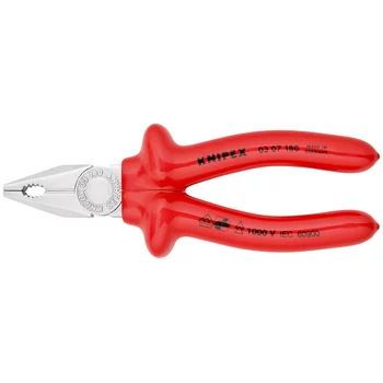 Плоскогубцы комб. VDE, рез: провол. ср. d 3.4 мм, твёрд. d 2.2 мм, кабель d 12 мм (16 мм²), L-180 мм, хром, 1-к ручки KN-0307180