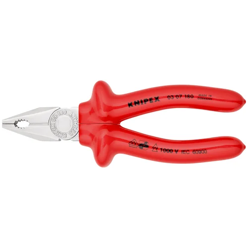 Плоскогубцы комб. VDE, рез: провол. ср. d 3.4 мм, твёрд. d 2.2 мм, кабель d 12 мм (16 мм²), L-180 мм, хром, 1-к ручки KN-0307180