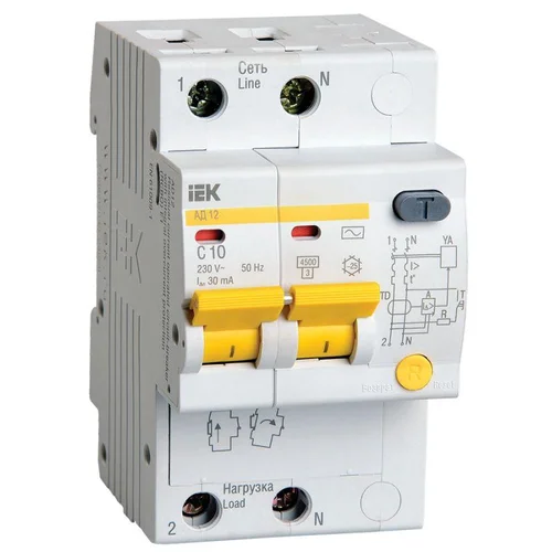 Выключатель автоматический дифференциального тока 2п C 10А 30мА тип AC 4.5кА АД-12 IEK MAD10-2-010-C