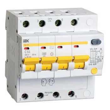 Выключатель автоматический дифференциального тока 4п C 63А 30мА тип AC 4.5кА АД-14 IEK MAD10-4-063-C