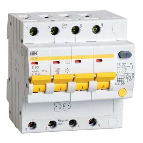 Выключатель автоматический дифференциального тока 4п C 63А 30мА тип AC 4.5кА АД-14 IEK MAD10-4-063-C