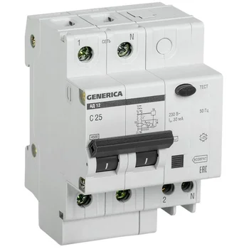Выключатель автоматический дифференциального тока 2п 25А 30мА АД12 GENERICA MAD15-2-025-C-030
