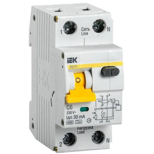 Выключатель автоматический дифференциального тока 2п (1P+N) C 6А 30мА тип A 6кА АВДТ-32 IEK MAD22-5-