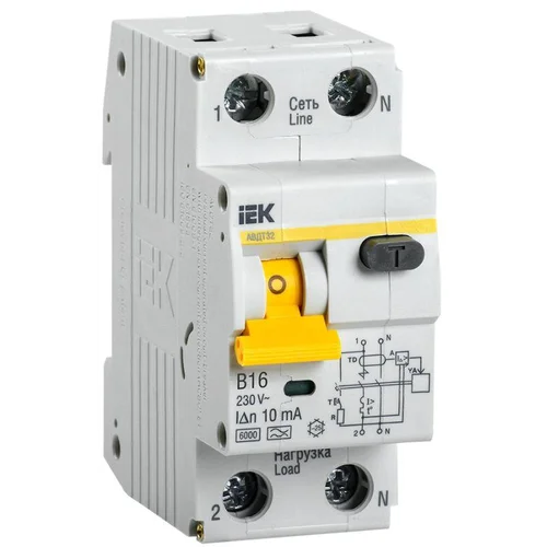 Выключатель автоматический дифференциального тока 2п (1P+N) B 16А 10мА тип A 6кА АВДТ-32 IEK MAD22-5
